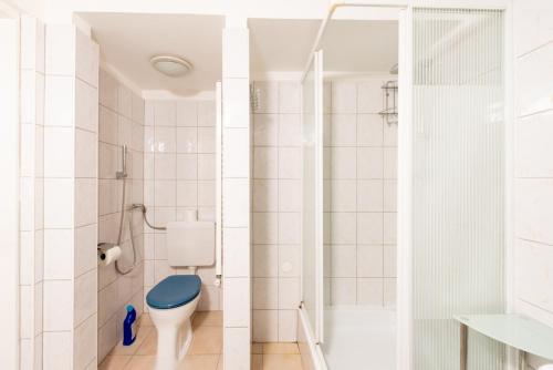 维也纳Vienna 1030 Apartment的浴室配有蓝色卫生间和淋浴。