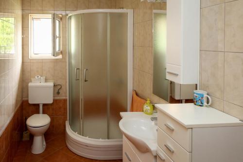 ProzorApartman Malekin的带淋浴、卫生间和盥洗盆的浴室