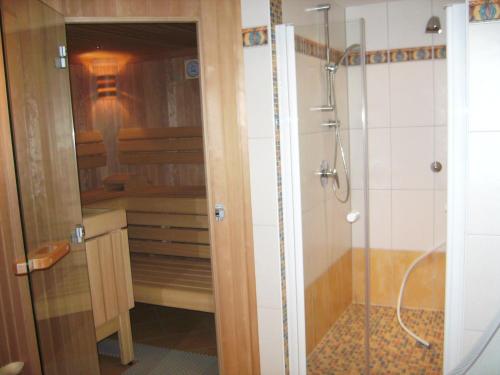斯拉德明特林克尔乡村酒店的带淋浴和玻璃淋浴间的浴室(位于后门)
