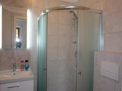 萨比诺瓦Apartament Klaudia的浴室里设有玻璃门淋浴