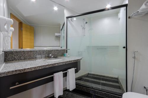 巴西利亚金色郁金香巴西利亚阿尔沃拉达酒店的带淋浴、盥洗盆和镜子的浴室
