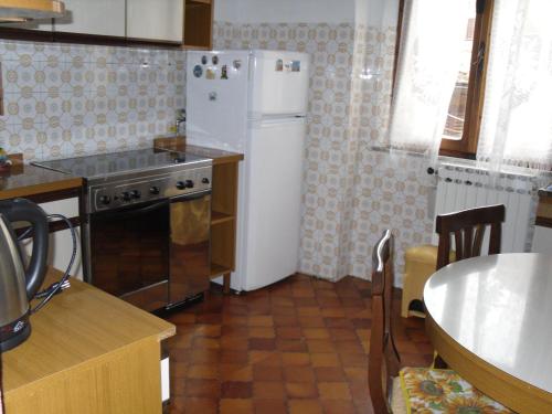 皮恩扎Appartamenti Il Leone的厨房配有白色冰箱和桌子