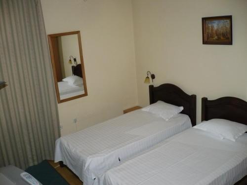 布勒伊拉雷格尔酒店的配有镜子的酒店客房内的两张床