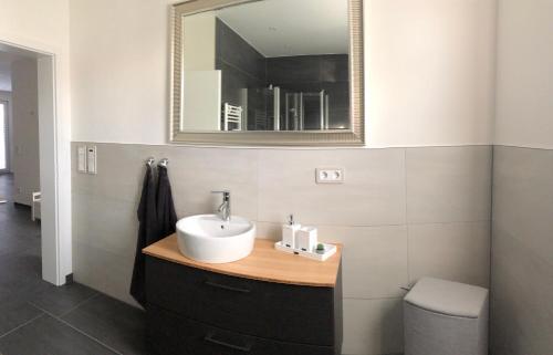 爱尔福特Ferienwohnung Calla的一间带水槽和镜子的浴室