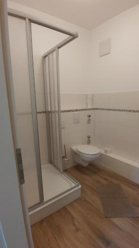 BiesenthalMirabellenhof - Kleine Ferienwohnung mit Altstadtblick的带淋浴和卫生间的白色浴室