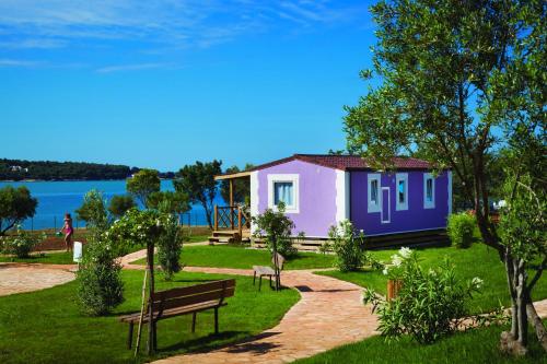 诺维格勒伊斯特拉Premium Sirena Village Mobile Homes的公园里的小房子,带长凳