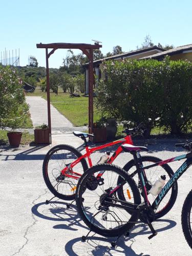 圣乔瓦尼-苏埃尔朱佩达茜草酒店的两辆自行车停在路边,彼此相邻