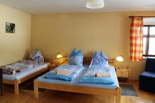 Horní StropniceChalupa Hojna Voda的一间卧室配有两张带蓝色枕头的床