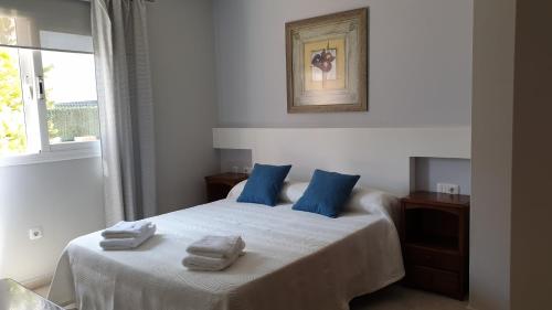 卡勒达德福斯特Sunny & New Apartamento in Caleta de Fuste的一张带蓝色枕头的白色床和毛巾