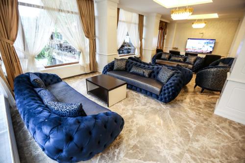 GokcedereThermal Saray Hotel & Spa Yalova的带沙发和电视的大型客厅