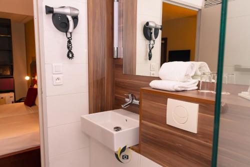圣丹尼斯郁金香圣克洛蒂尔德酒店的一间带水槽和镜子的浴室