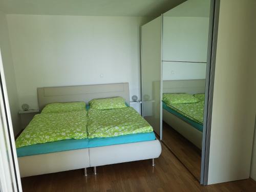 奥库格哥恩基Ferienwohnung的一间卧室配有两张床和镜子