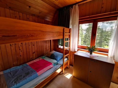 佐尔尼耶戈迪Chalet Stara Jelka Pokljuka的小屋内一间卧室配有一张双层床