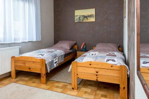 RymanówMiędzy Zdrojami的一间卧室设有两张床和窗户。