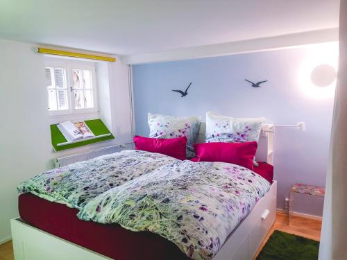 卡塞尔Kassel的卧室配有一张带粉红色枕头的大床