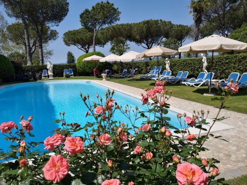 博尔塞纳皇家酒店的游泳池配有粉红色的鲜花、椅子和遮阳伞
