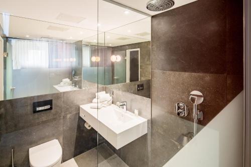 汉诺威蒂伦广场城市酒店的一间带水槽、卫生间和镜子的浴室