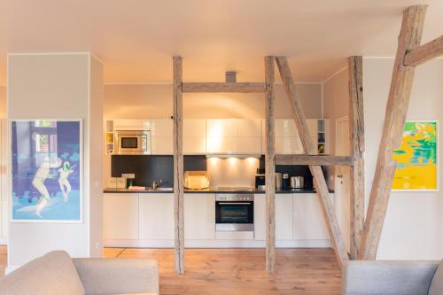 塞巴特阿尔贝克OSTKÜSTE - Villa Albatros Design Apartments的一间厨房,房间中间有梯子