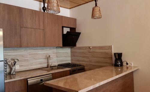 卡兹贝吉Sunny Mountain House的厨房配有木制橱柜和台面