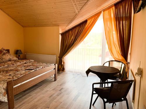 斯基希德尼萨Апартаменти "Золота Баня"的一间卧室配有一张床、两把椅子和一个窗户