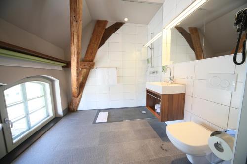 明德尔海姆昆斯特慕勒酒店的一间带卫生间、水槽和窗户的浴室