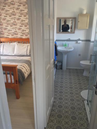 伦敦德里艾莫住宿加早餐酒店的客房内的浴室设有床和水槽