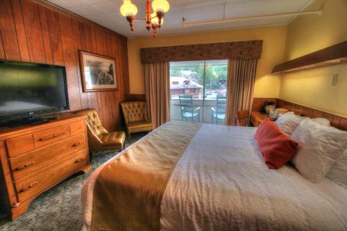 加特林堡加特林堡酒店 的一间卧室配有一张大床和一台平面电视