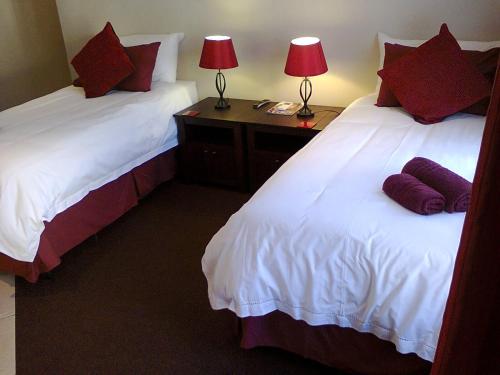 伊丽莎白港Pine Tree Lodge PE的客房设有两张床和一张带两盏灯的书桌。