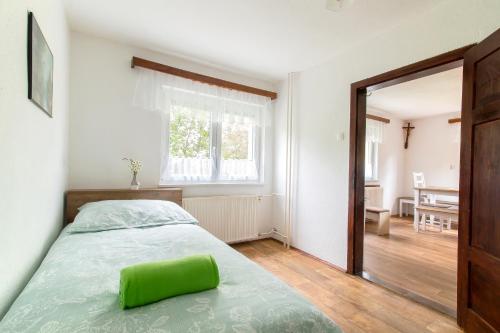 TrebnjeDomačija Vesel的一间卧室配有一张带绿色枕头的床