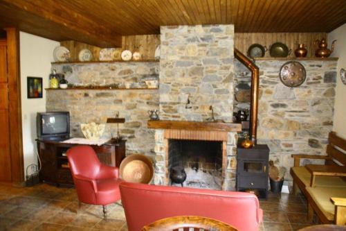 布拉干萨Ninho do Melro - Turismo Rural Bragança的客厅设有石制壁炉和红色椅子