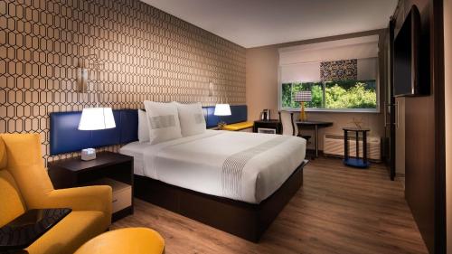 阿什维尔GLo Hotel Asheville-Blue Ridge Parkway的配有一张床和一把椅子的酒店客房