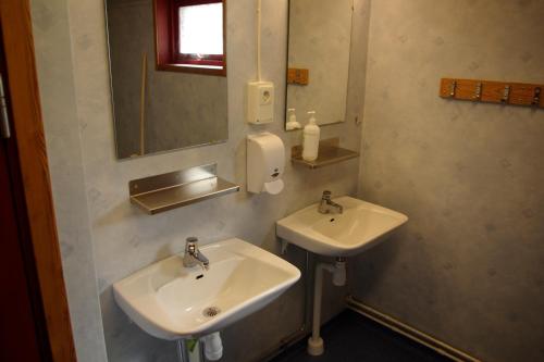 乌洛夫斯特伦Halens Camping och Stugby的浴室设有2个水槽和镜子