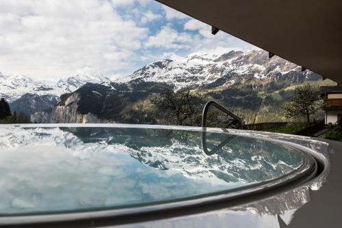 翁根Hotel Maya Caprice的享有雪覆盖山脉景致的游泳池