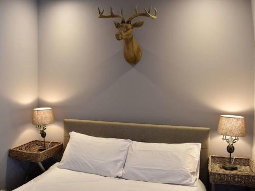 塞德伯secret cottage的卧室配有一张带鹿头的墙壁床。