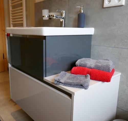 若特阿赫-埃根Bodenschneid Suiten Ringbergblick的一间带水槽和2条毛巾的浴室