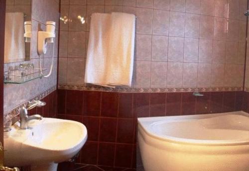 拉姆尼库沃尔恰玛利亚酒店的浴室配有盥洗盆、卫生间和浴缸。