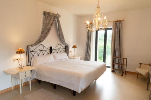 马尔西利亚Hotel Villa Marcilla的一间卧室配有一张床和一个吊灯