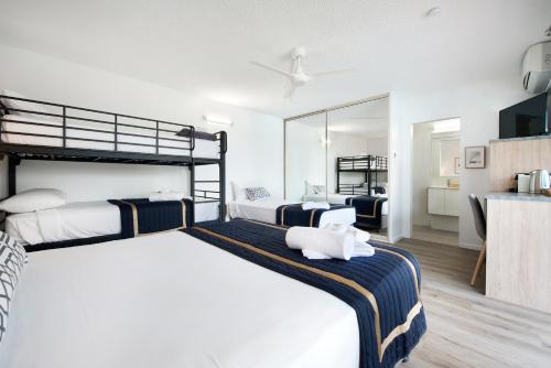 黄金海岸Blue Heron Boutique Motel的一间带两张双层床的卧室和一间厨房