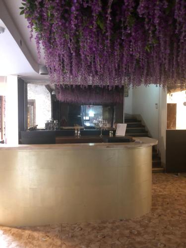 塔林Villa Kadriorg Hostel的天花板上挂着紫色花的酒吧