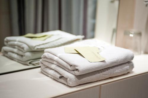 柏林艾雷佳库福尔斯特丹酒店的浴室的台面上摆放着一堆毛巾