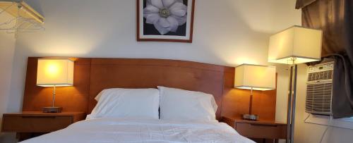 尼亚加拉瀑布Niagara Inn的一间卧室配有一张带两盏灯的床。