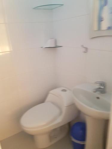 阿雷基帕查莫宾馆的白色的浴室设有卫生间和水槽。