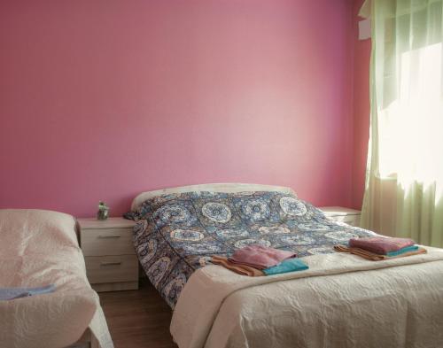 哈普萨卢Haava Apartment的卧室设有粉红色的墙壁、一张床和窗户