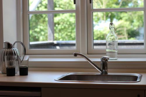 吉弗Hedegaard Holiday Apartments的厨房水槽、瓶子和窗户