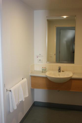 皇后镇Hampshire Holiday Parks - Queenstown Lakeview的浴室配有盥洗盆、镜子和毛巾