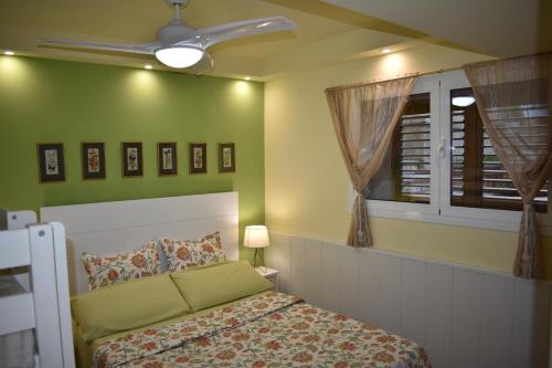 塔拉戈纳VILLA GARDEN的一间卧室配有一张床和吊扇