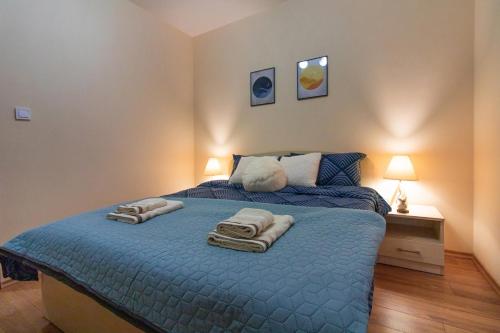 普罗夫迪夫Domus Apartments Grand的一间卧室配有蓝色的床和毛巾