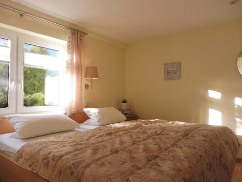 卡尔斯哈根Ferienwohnung Graf Möwe的一间卧室配有带两个枕头的床和窗户