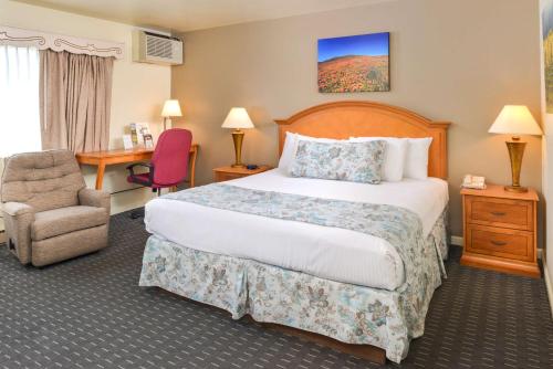 索尔万斯文司格德小屋 - 美国最佳价值套房酒店的酒店客房配有一张床、一把椅子和一张书桌