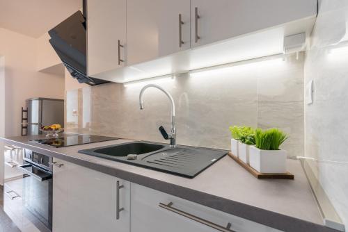 马林斯卡Apartments Vila DK的厨房配有白色橱柜和水槽